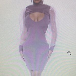 2 piece mini dress- purple, mock neck, puff sleeve, v neck, 98% polyester.